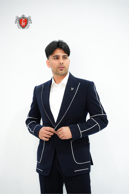 Premium Men's Navy Blue Party Suit—Sleek White Piping for a Distinctive Finish