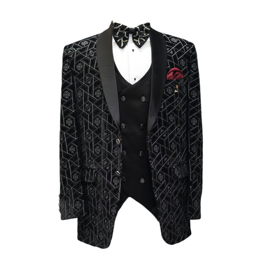 Blazer de luxe en velours noir pour homme avec motif géométrique | Tenue de soirée élégante