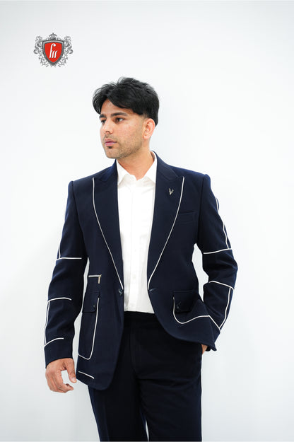Premium Men's Navy Blue Party Suit—Sleek White Piping for a Distinctive Finish