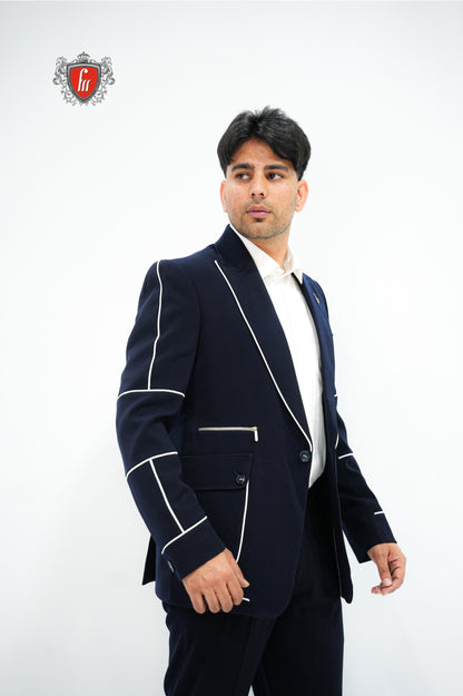 Premium Men's Navy Blue Party Suit—Sleek White Piping for a Distinctive Finish