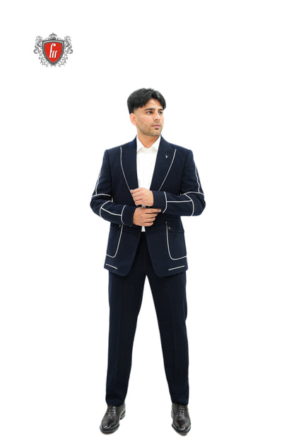 Premium Men's Navy Blue Party Suit—Sleek White Piping for a Distinctive Finish