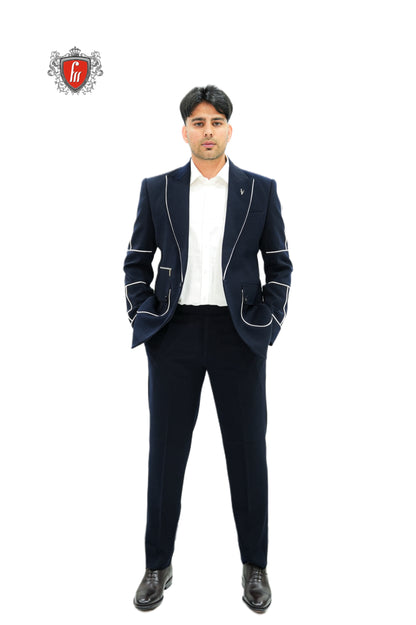 Premium Men's Navy Blue Party Suit—Sleek White Piping for a Distinctive Finish