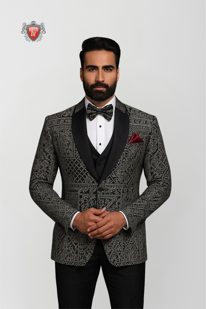 Men’s Black & Silver Embroidered Suit – Intricate Detail, Luxury Formal Jacket