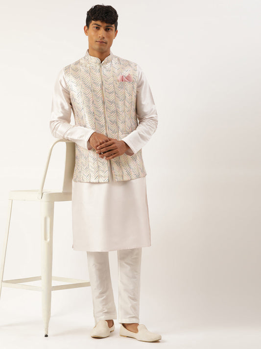 White Multi Color Embroidered Jacket Kurta Set