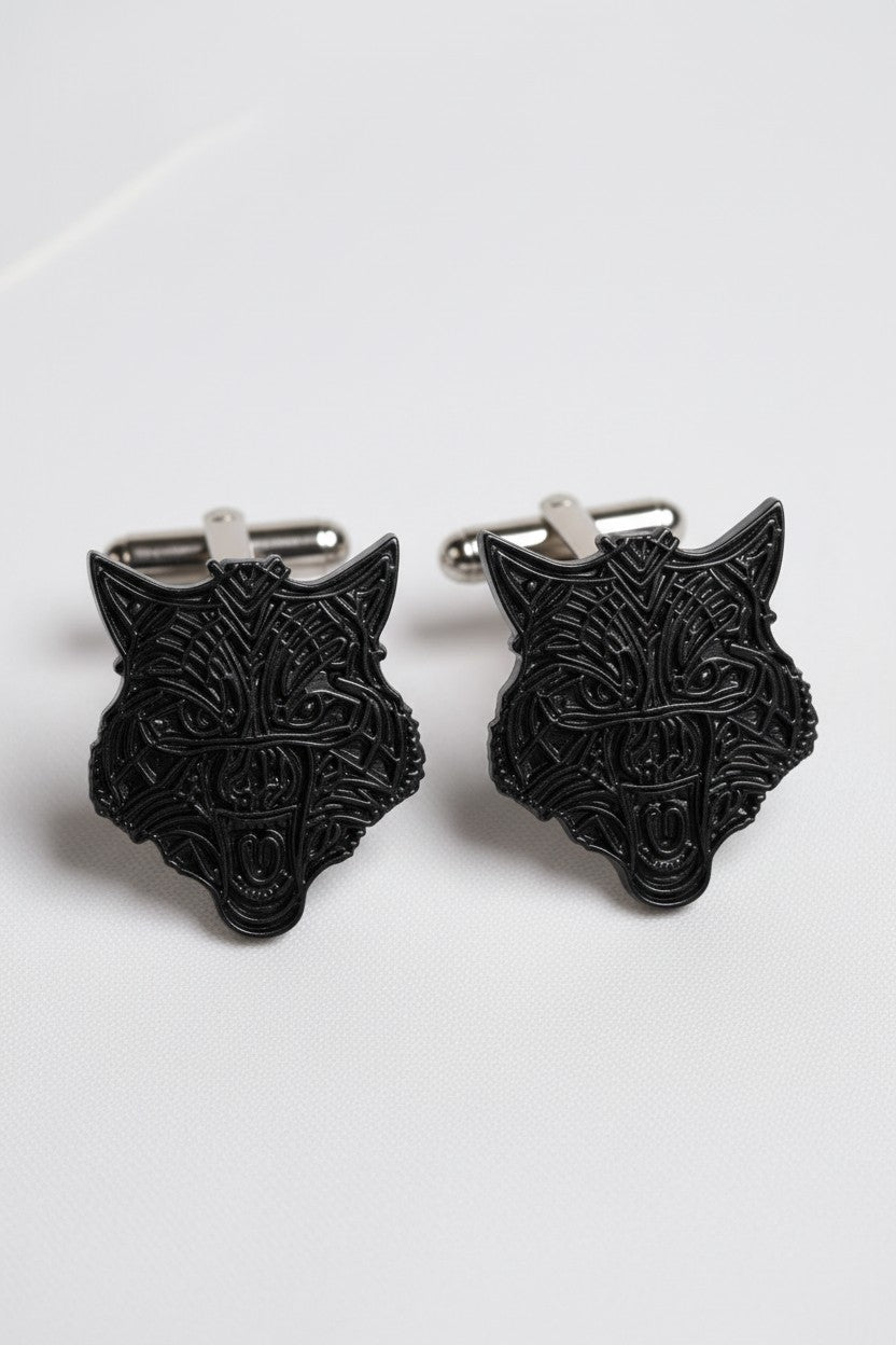 Black Wolf Head Cufflinks with Intricate Detailing