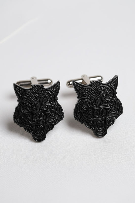 Black Wolf Head Cufflinks with Intricate Detailing