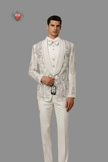 Men’s White Embroidered Tuxedo with Silver Detailing & Satin Lapel – Royal Luxury Wedding Suit