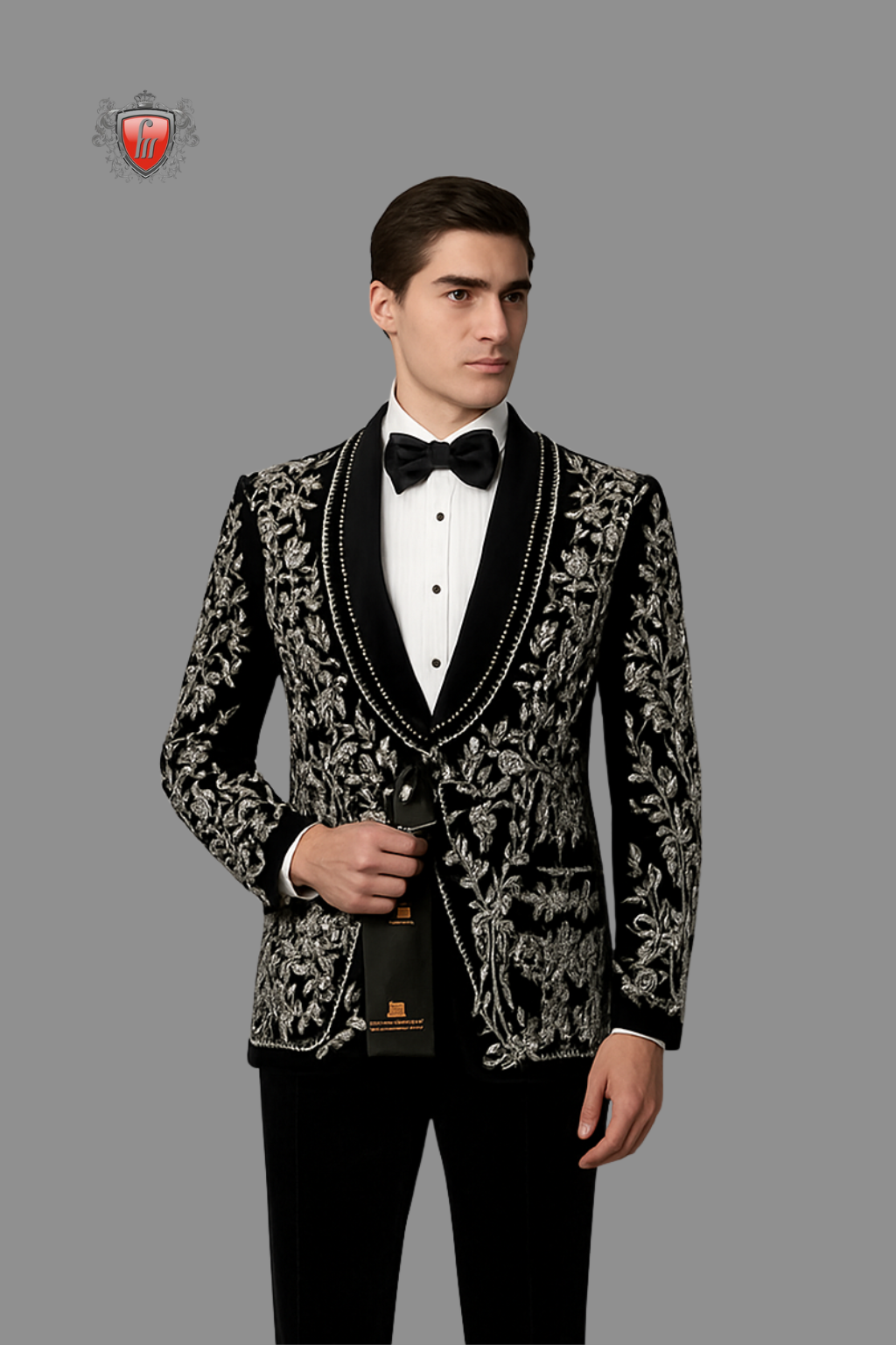Men’s Black Wildlife Embroidered Tuxedo with Satin Lapel – Luxury Formal Wear with Animal & Flora Motif