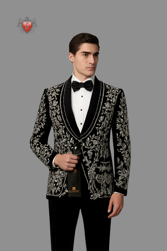 Men’s Black Wildlife Embroidered Tuxedo with Satin Lapel – Luxury Formal Wear with Animal & Flora Motif