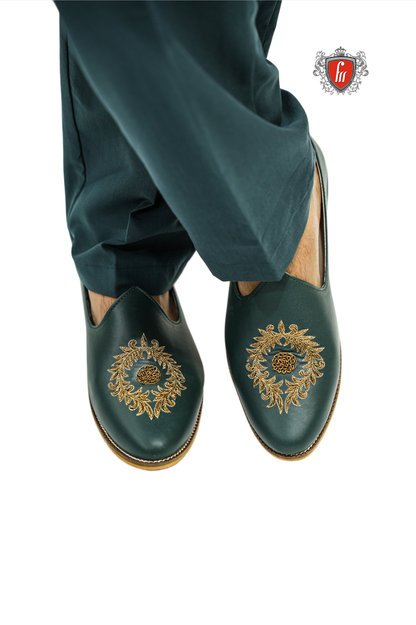Men’s Bottle Green Ethnic Jutti – Golden Floral Embroidery
