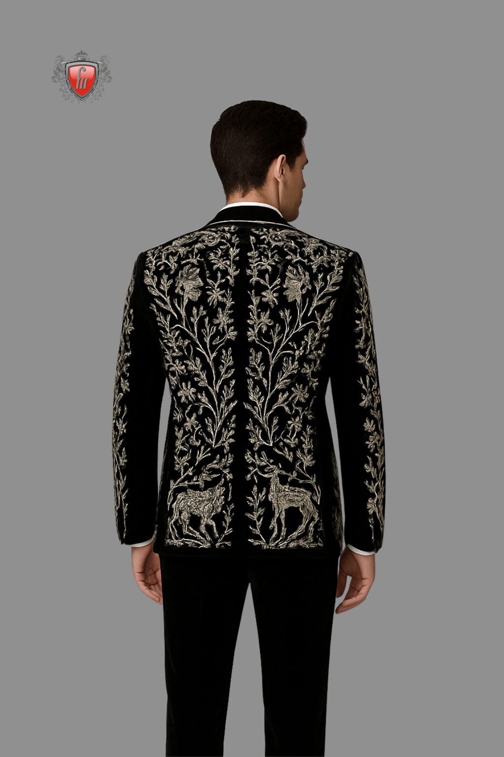Men’s Black Wildlife Embroidered Tuxedo with Satin Lapel – Luxury Formal Wear with Animal & Flora Motif