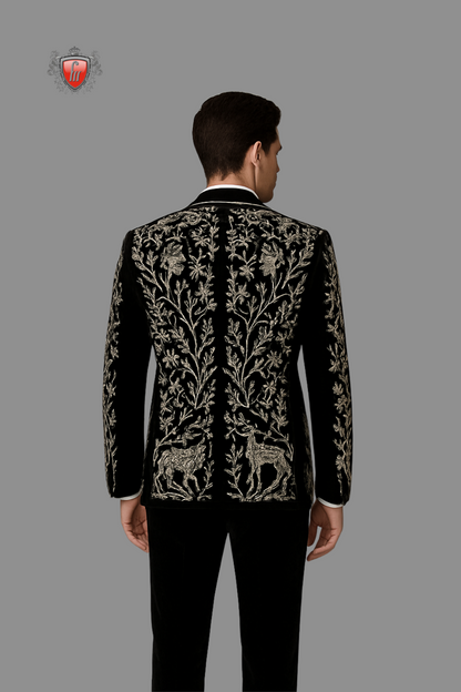 Men’s Black Wildlife Embroidered Tuxedo with Satin Lapel – Luxury Formal Wear with Animal & Flora Motif