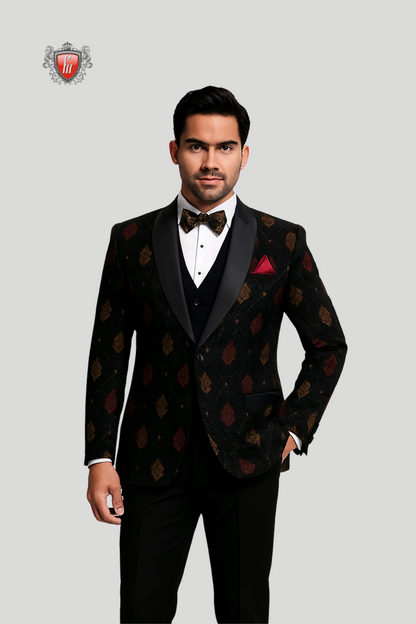 Blazer luxueux en velours bleu marine brodé pour homme avec revers en satin
