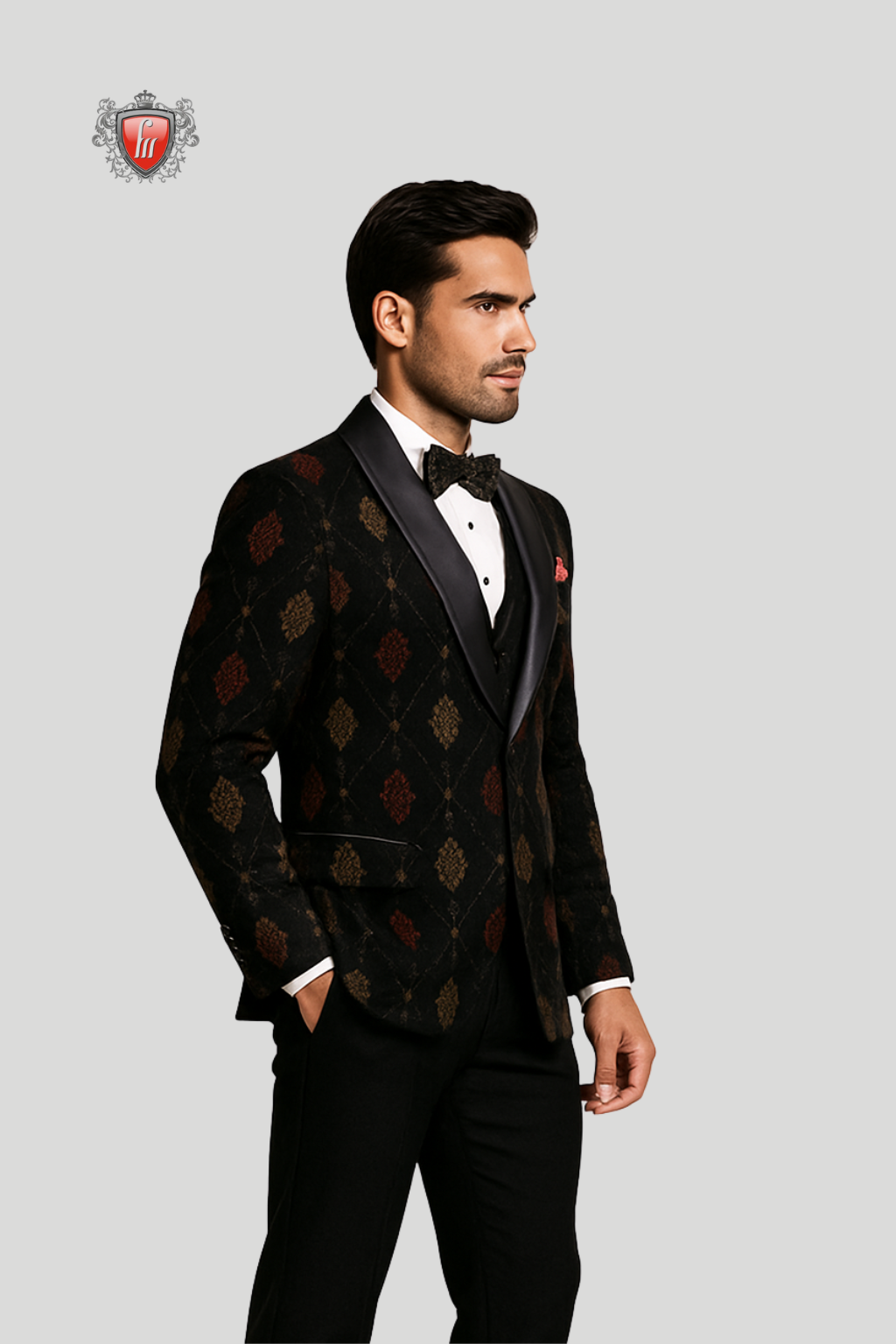 Blazer luxueux en velours bleu marine brodé pour homme avec revers en satin