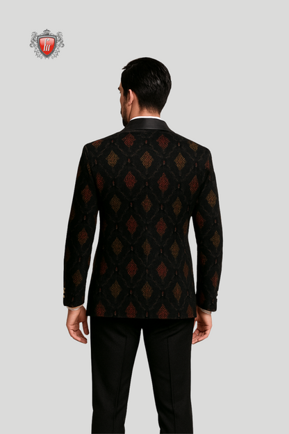 Blazer luxueux en velours bleu marine brodé pour homme avec revers en satin
