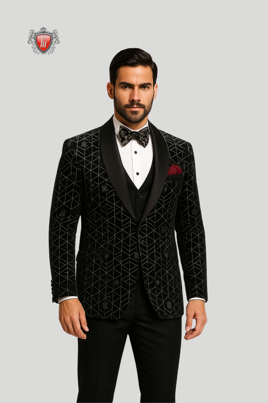 Blazer de luxe en velours noir pour homme avec motif géométrique | Tenue de soirée élégante