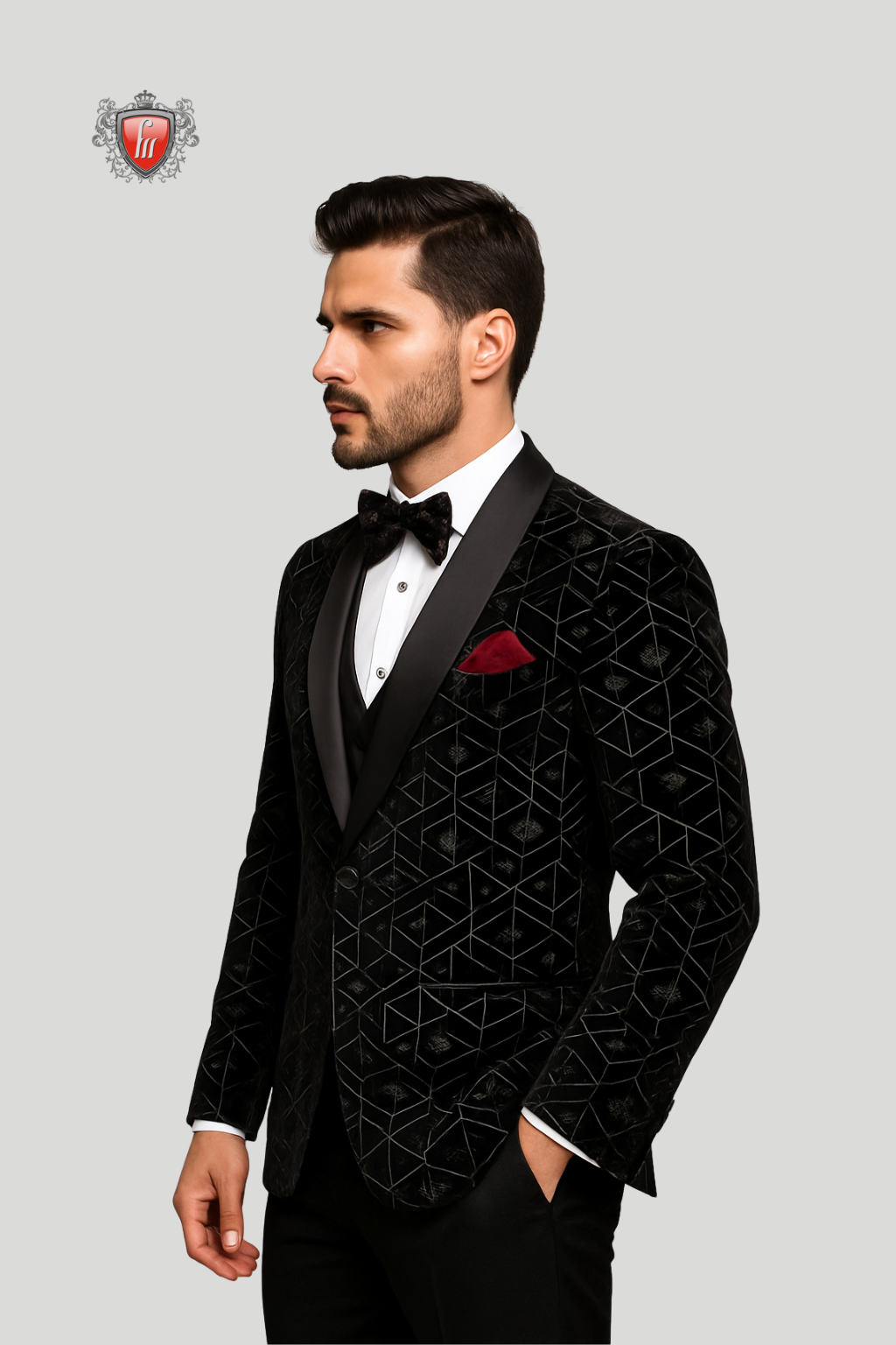Blazer de luxe en velours noir pour homme avec motif géométrique | Tenue de soirée élégante