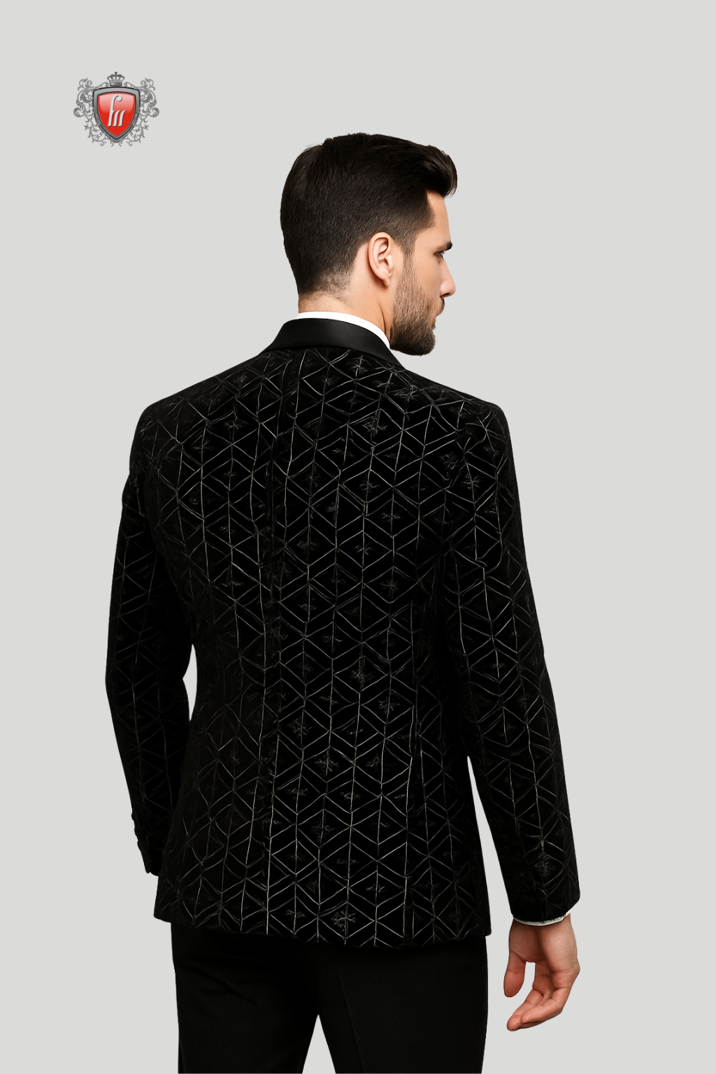 Blazer de luxe en velours noir pour homme avec motif géométrique | Tenue de soirée élégante