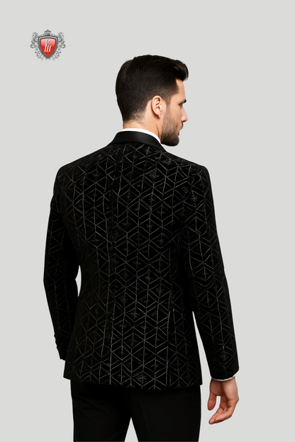 Blazer de luxe en velours noir pour homme avec motif géométrique | Tenue de soirée élégante