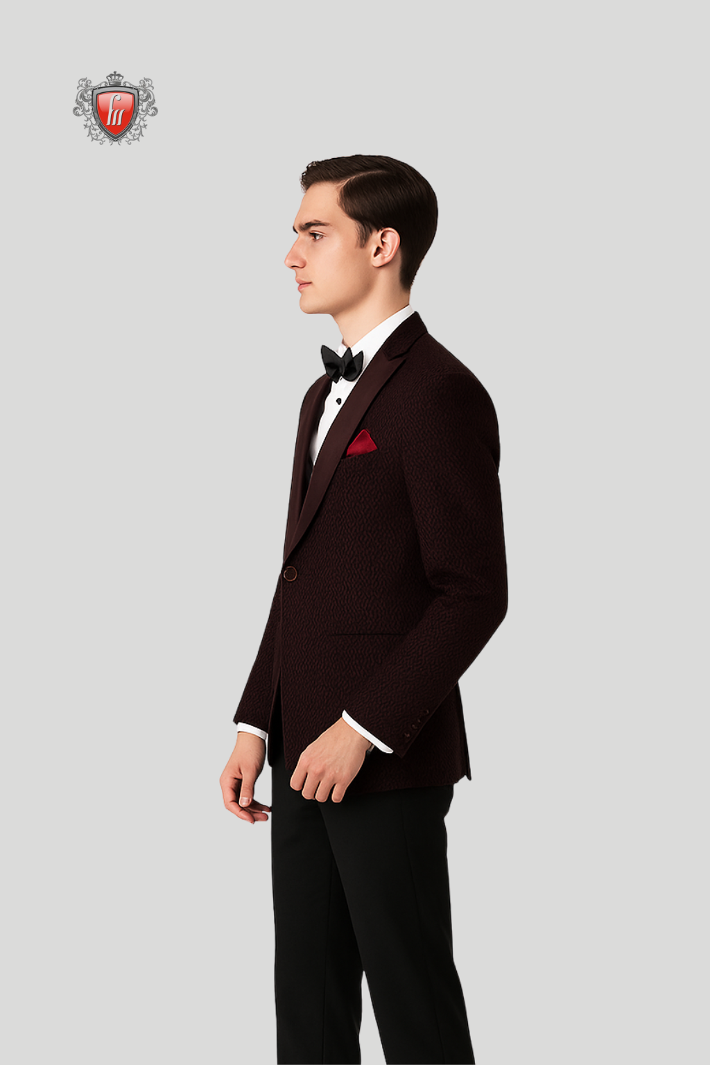 Men’s Maroon Textured Suit with Satin Lapels – Elegant Formal Jacket