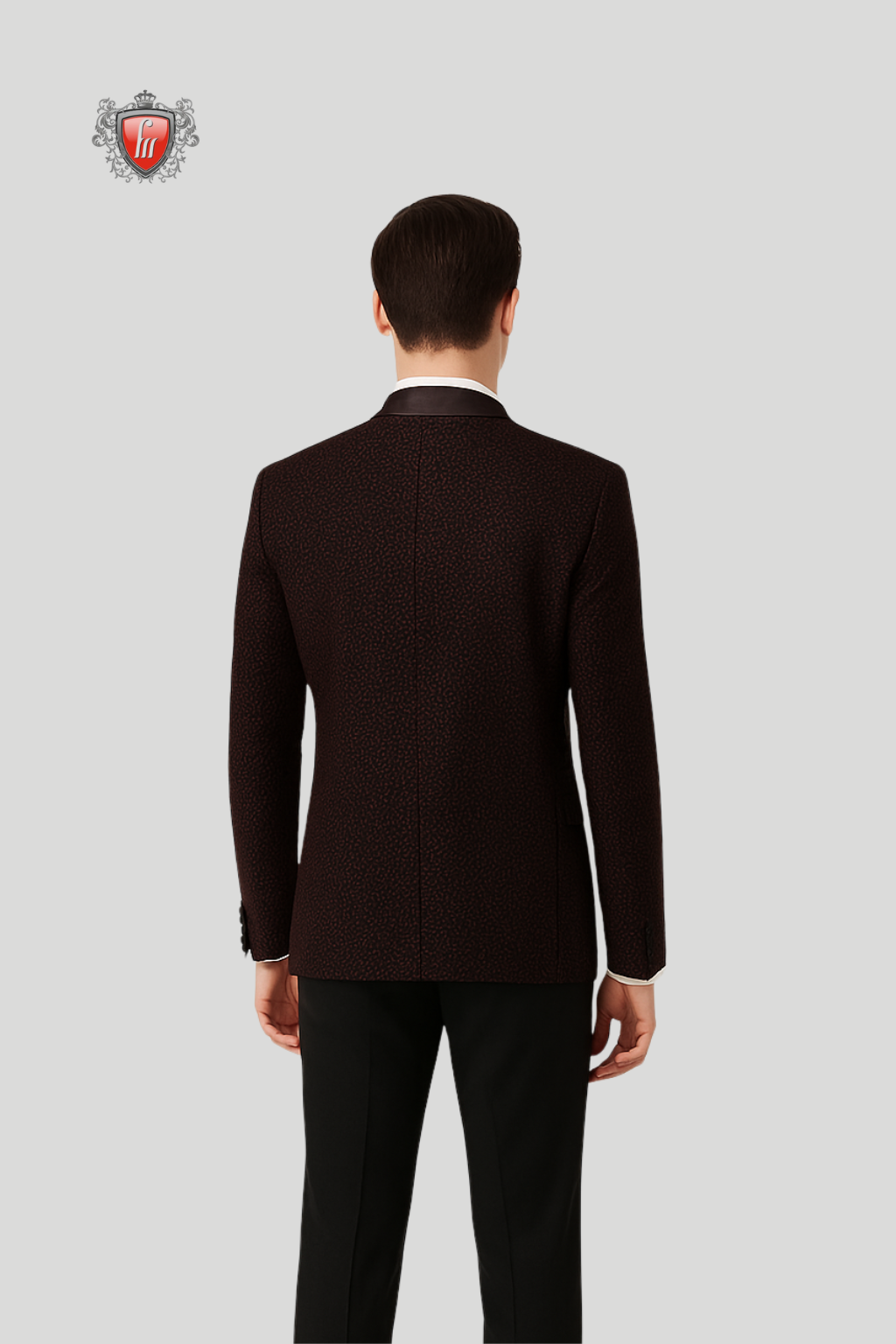 Men’s Maroon Textured Suit with Satin Lapels – Elegant Formal Jacket