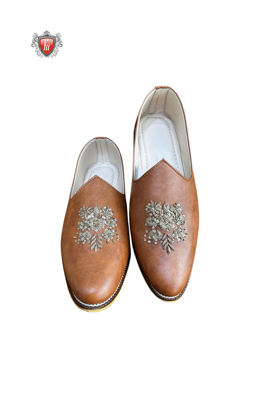 Men’s Brown Leather Jutti with Silver Floral Embroidery – Festive & Wedding Footwear