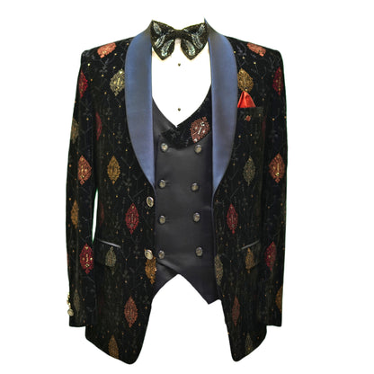 Blazer luxueux en velours bleu marine brodé pour homme avec revers en satin