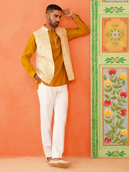 Cream Mustard Embroidered Jacket & Kurta Set