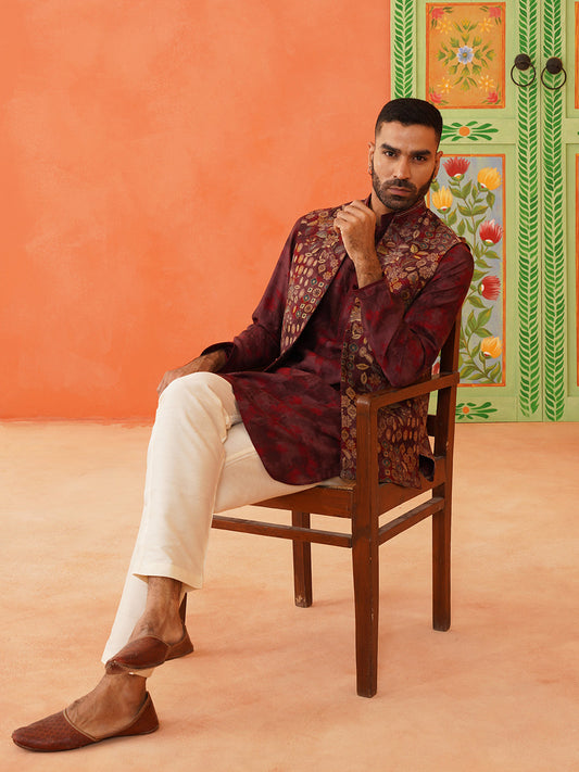 Maroon Printed Jacket Kurta Set