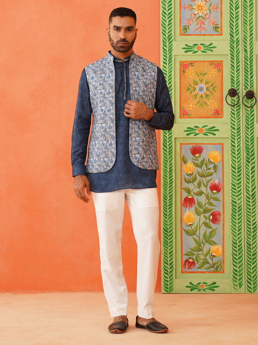 Blue Pasley Print Jacket Kurta Set