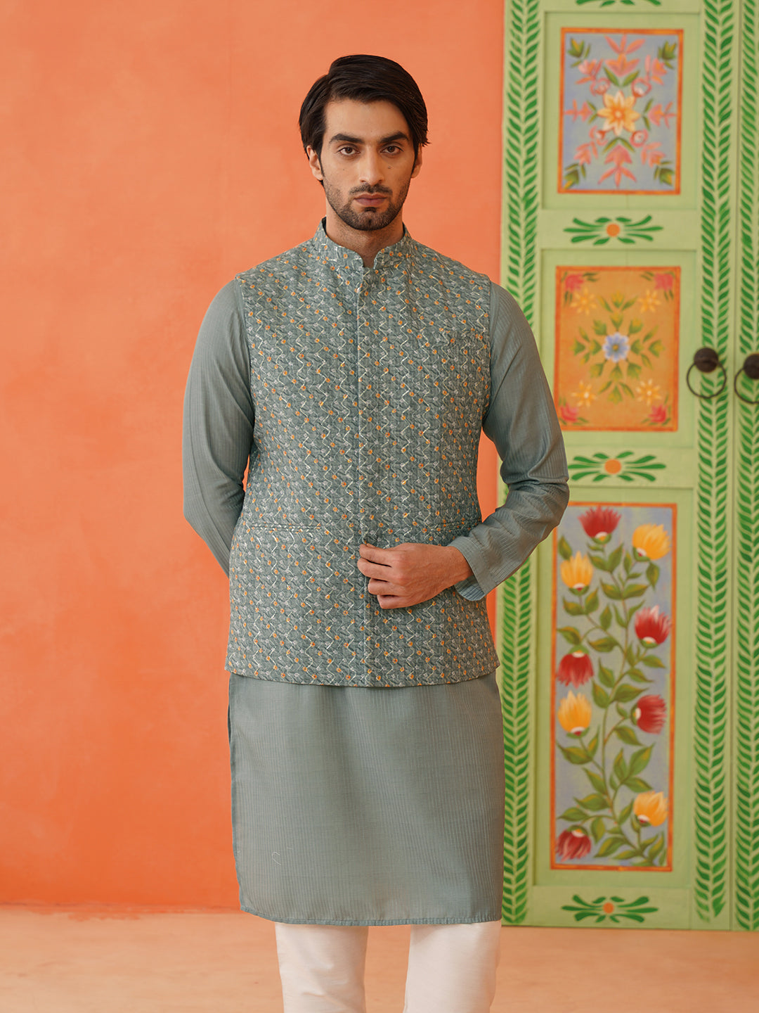 Grey Bandhani Print Ceremonial jacket Kurta Set