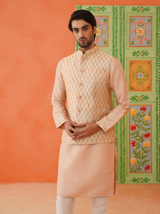 Peach Jacquard printed Jacket kurta Set