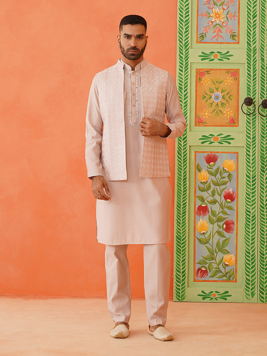 Peach Kurta Mirror Jacket Set