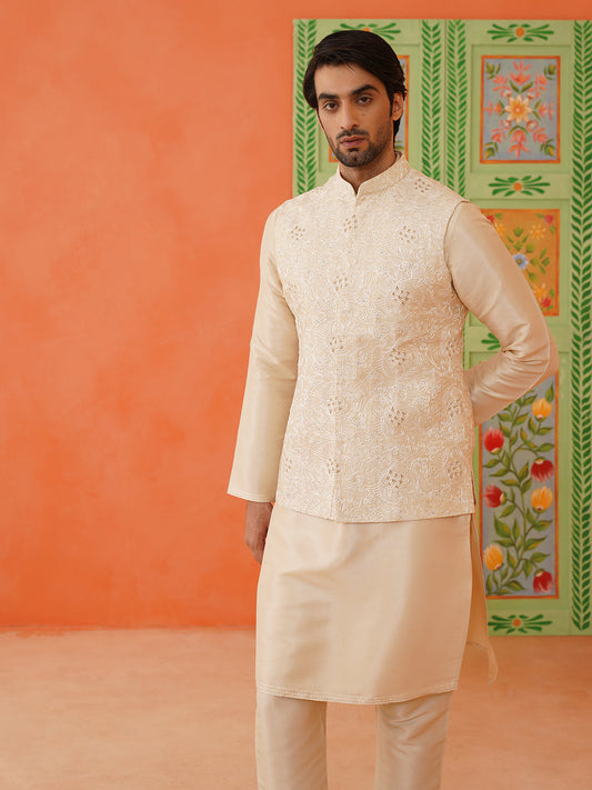 Cream Chain Stitch Embroidery Kurta Jacket Set