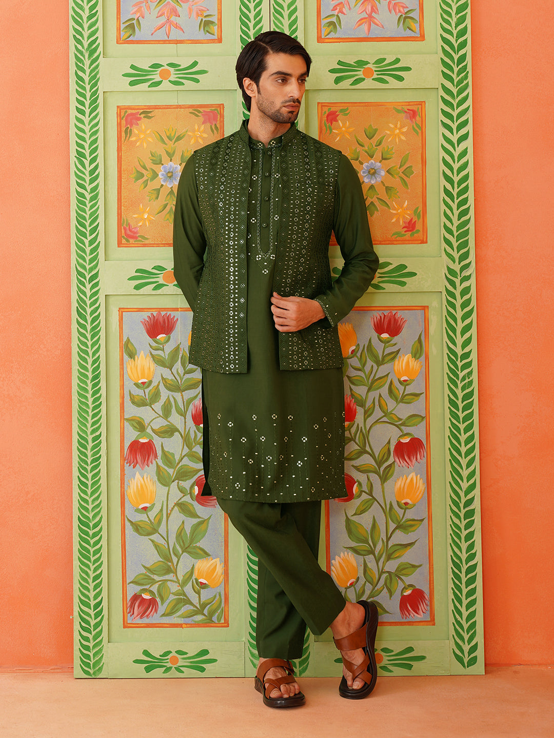 Green Embroidery Kurta Jacket Set