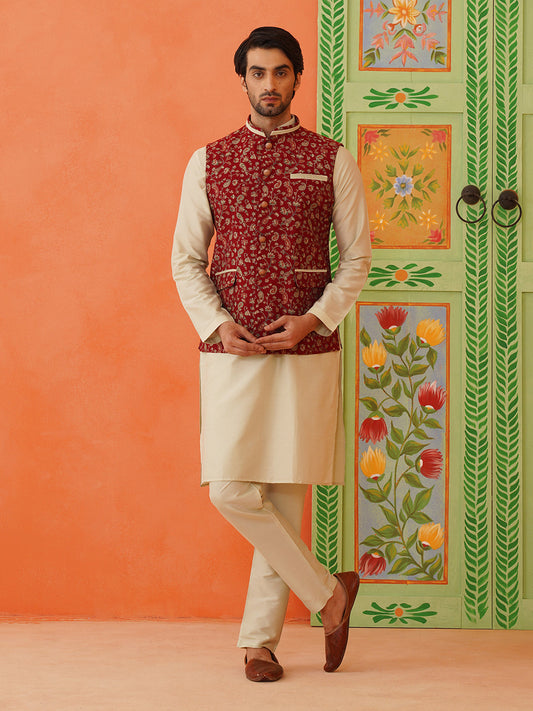 Maroon Printed Modi Jacket With Kurta Set