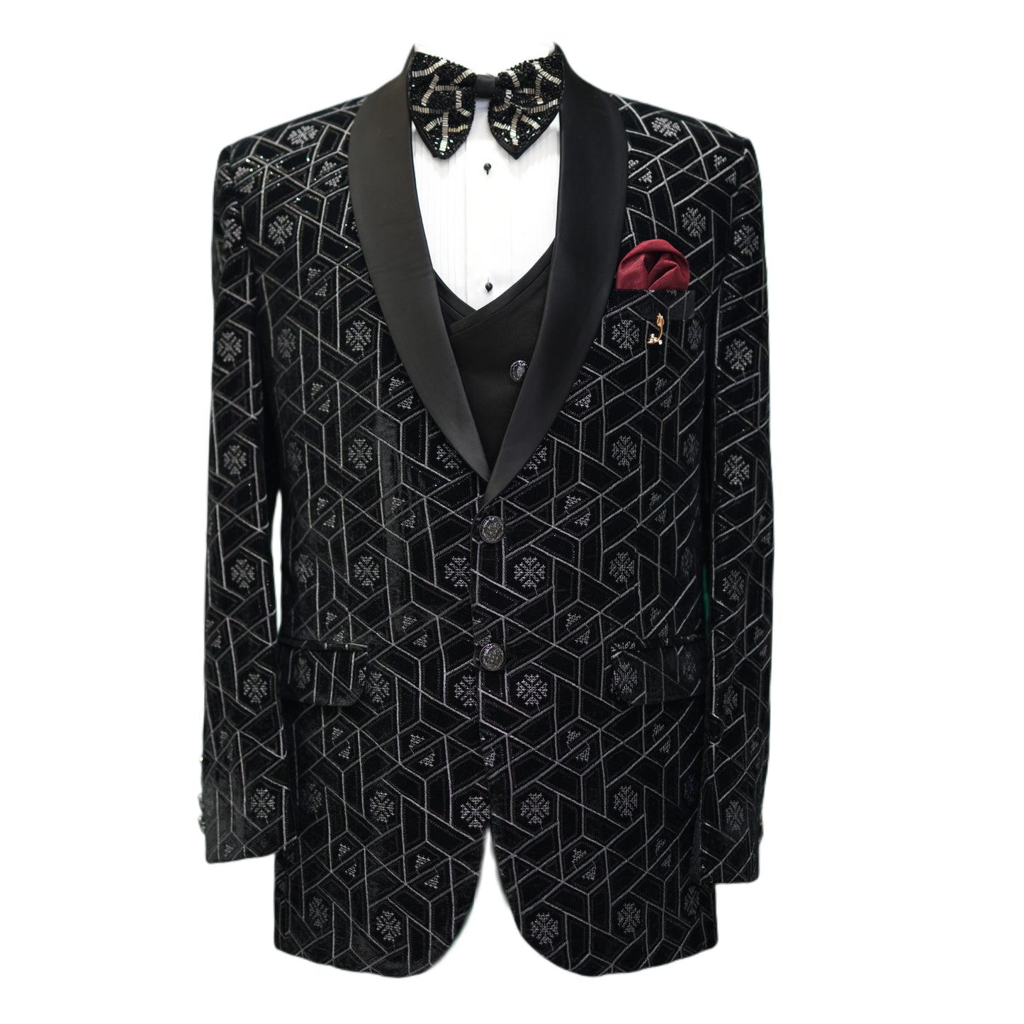 Luxury Black Velvet Men's Blazer with Geometric Design | Elegant Formal Wear