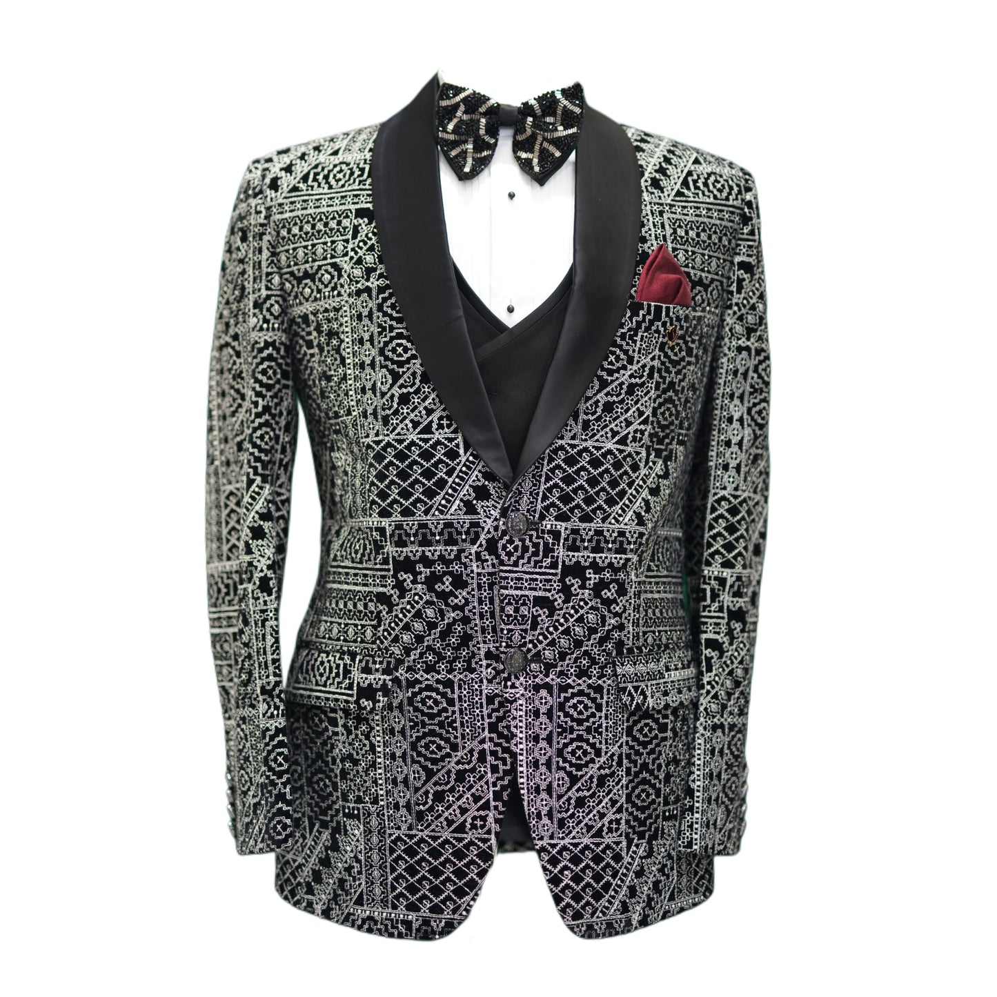 Intricate Black and Silver Embroidered Men's Blazer | Luxury Formal Jacket