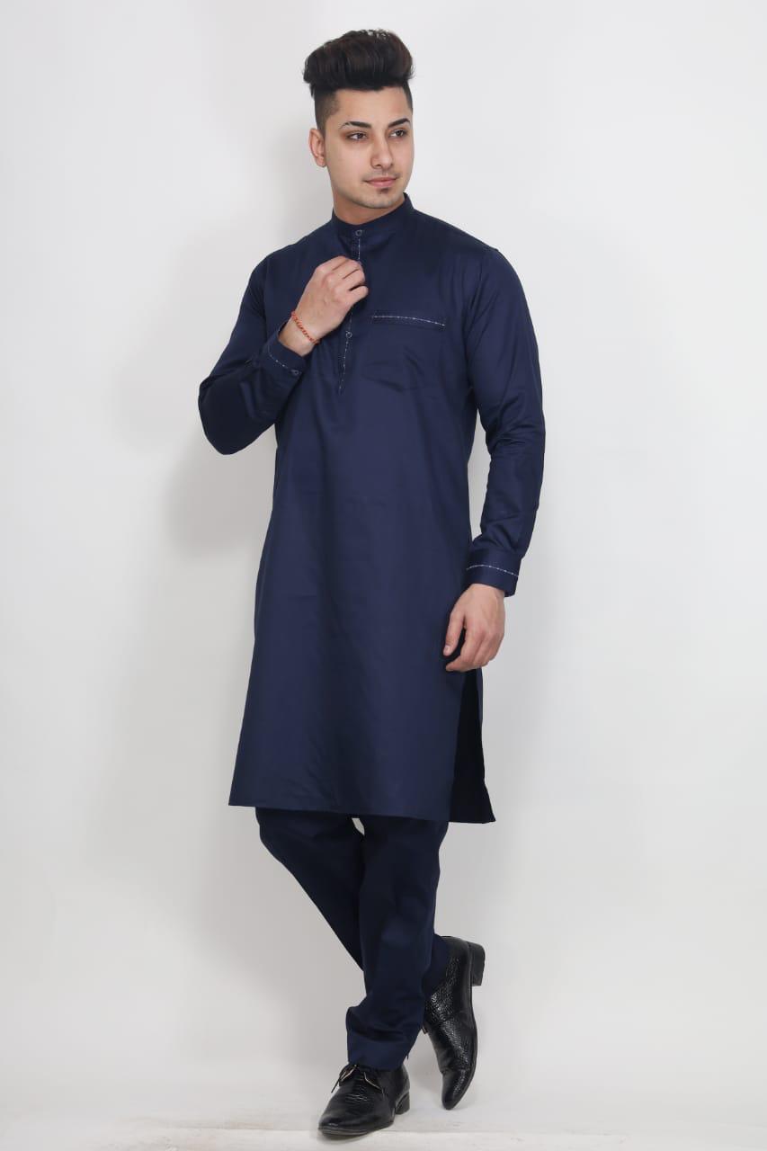 Fabmark Navy Blue Ban Collar Kurta