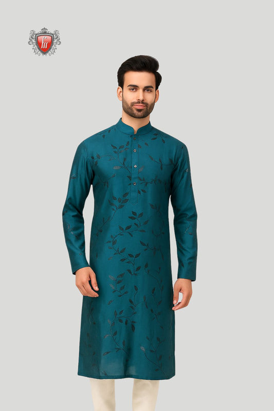 Men’s Teal Blue Silk Kurta – Black Leaf Detailing, Festive Ethnic Wear