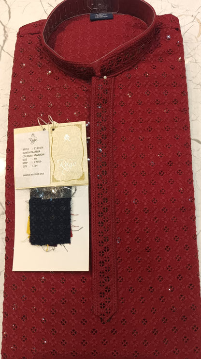 Red Chikankari Kurta Pajama for Men – Elegant Mirror Embroidered Festive Wear