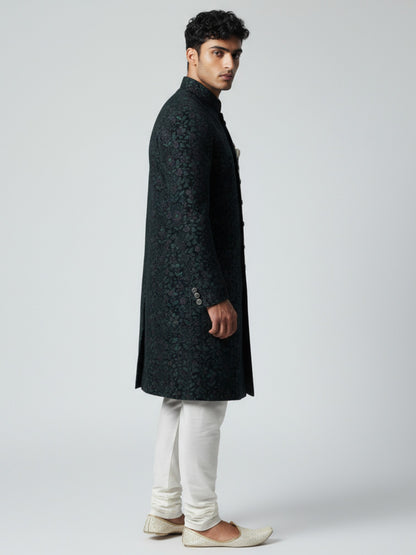 Black Teal Brocade Achkan for Men | Regal Wedding & Festive Wear