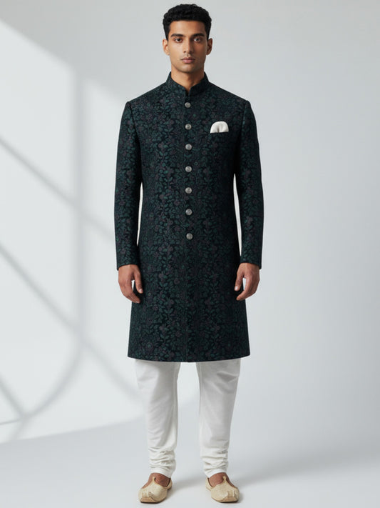 Black Teal Brocade Achkan for Men | Regal Wedding & Festive Wear