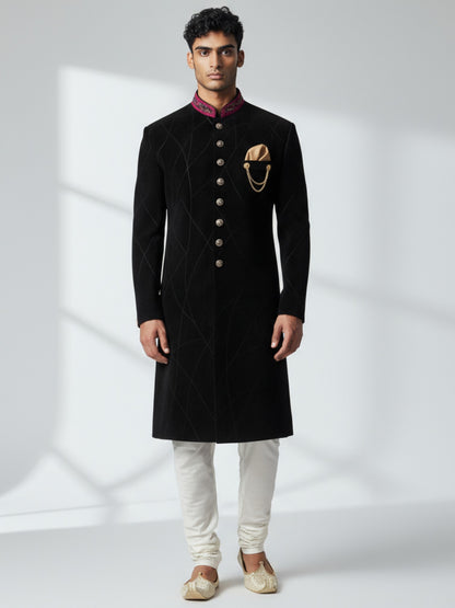 Black Velvet Achkan for Men | Gold Chain Pocket & Embroidered Collar