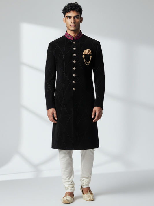 Black Velvet Achkan for Men | Gold Chain Pocket & Embroidered Collar