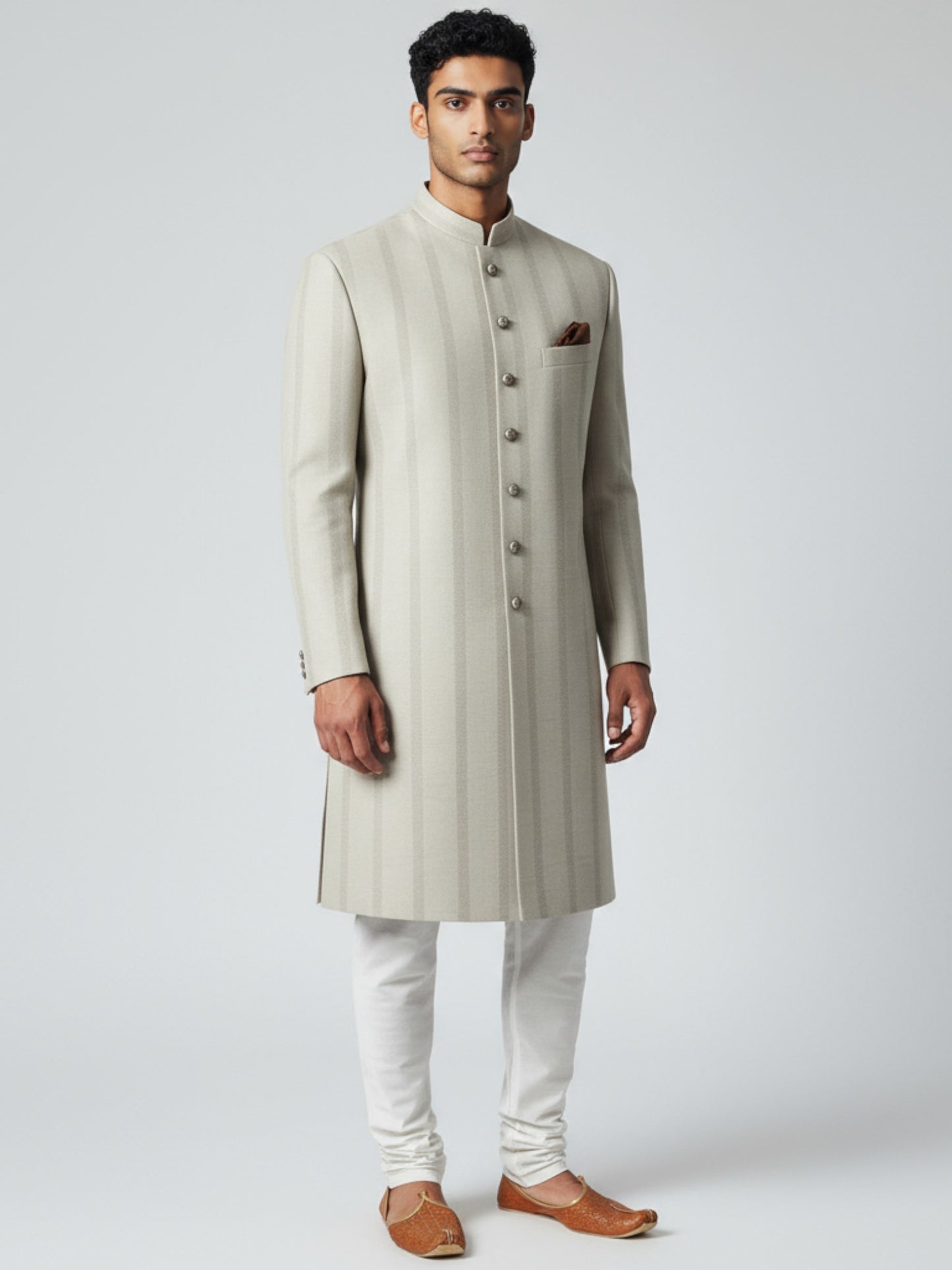 Silver Striped Achkan for Men – Elegant Wedding & Festive Wear