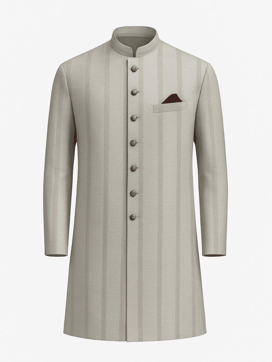 Silver Striped Achkan for Men – Elegant Wedding & Festive Wear