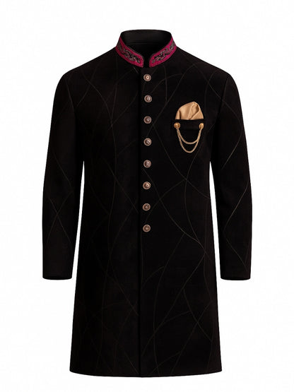 Black Velvet Achkan for Men | Gold Chain Pocket & Embroidered Collar