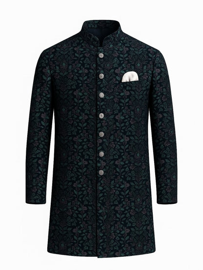 Black Teal Brocade Achkan for Men | Regal Wedding & Festive Wear