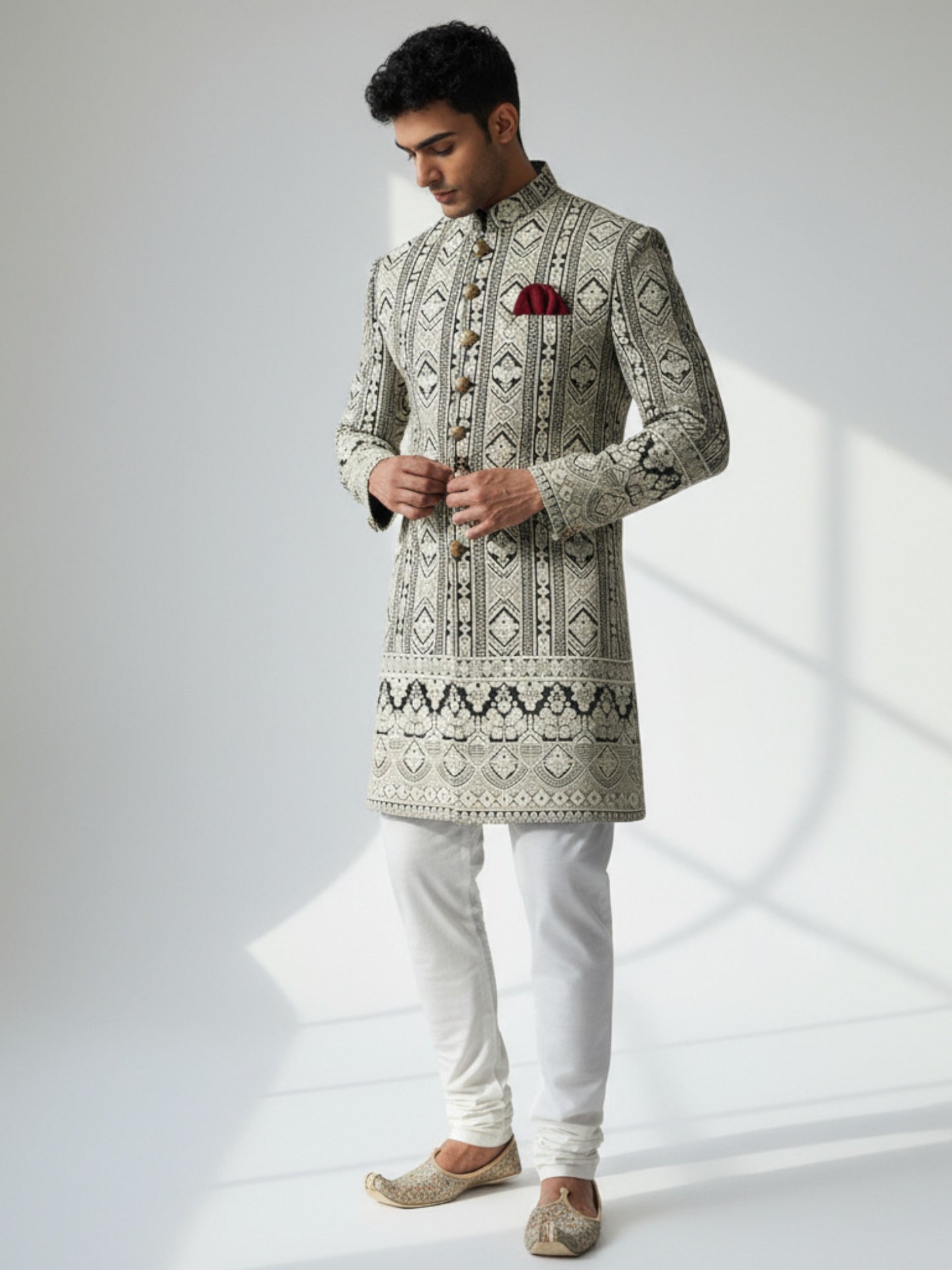 Black & Ivory Embroidered Achkan for Men – Regal Wedding Ensemble